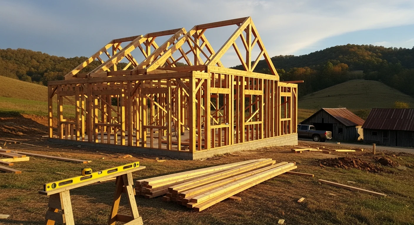 Construction crew framing new residential home structure