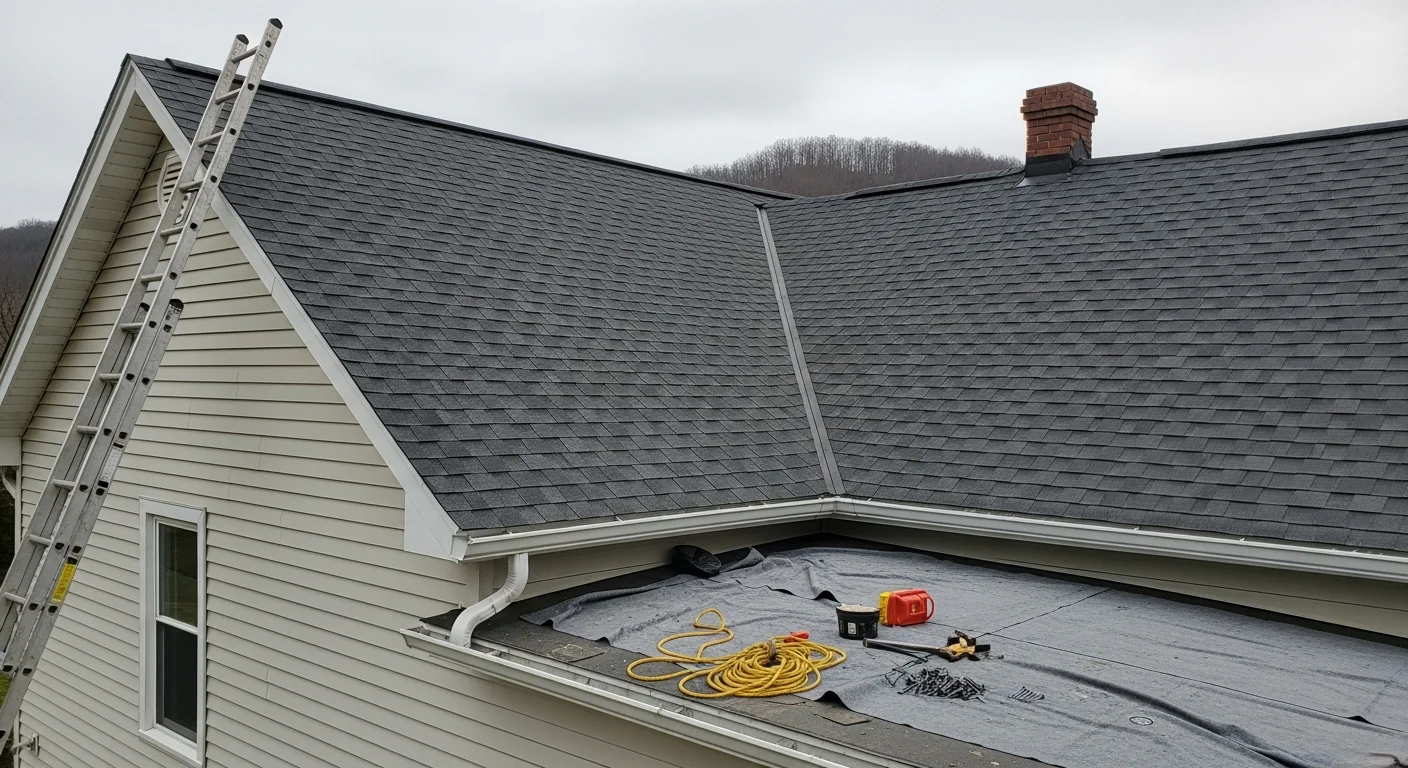 Professional roofer installing shingle roofing on residential home