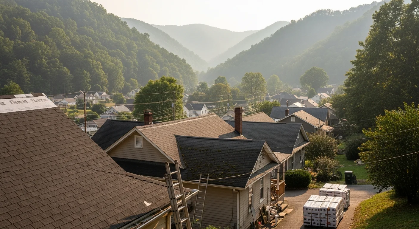 Mountain valley landscape with residential homes nestled among forested hillsides in Greenbrier County, West Virginia.