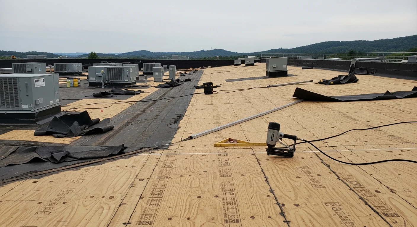 A completed commercial roof replacement on a flat-roofed building in Greenbrier County, West Virginia, showing a clean membrane surface with proper drainage edges. The surrounding Appalachian landscape is visible in the background.