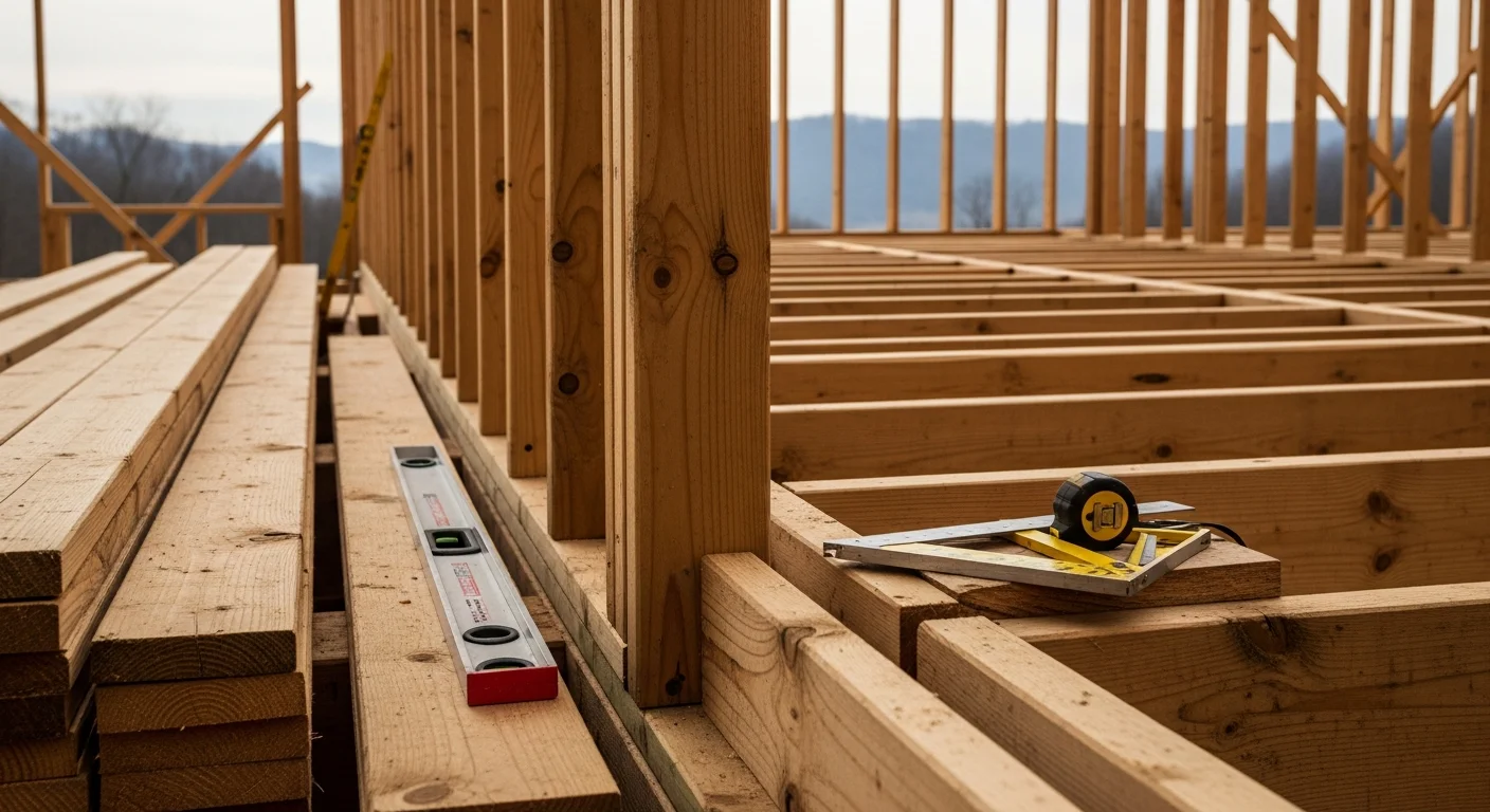 Exposed wood wall and roof framing on a residential construction project in Greenbrier County, West Virginia. The frame shows floor joists, exterior wall studs, and ridge framing set against a wooded Appalachian hillside.