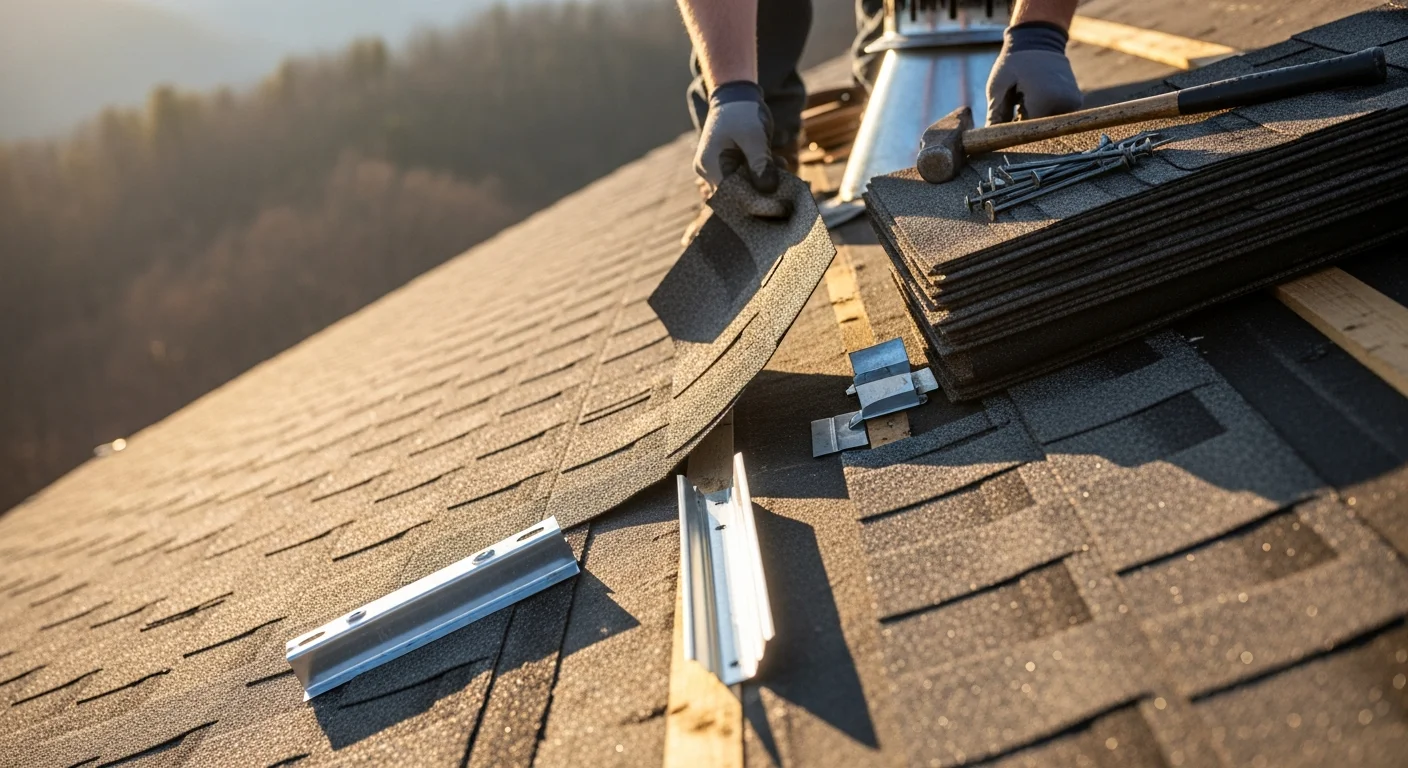 A Summit Roofing crew repairing damaged shingles on a residential roof in Greenbrier County, West Virginia, with forested mountain terrain visible in the background. Close-up view shows replaced flashing and secured shingles along the roof edge.