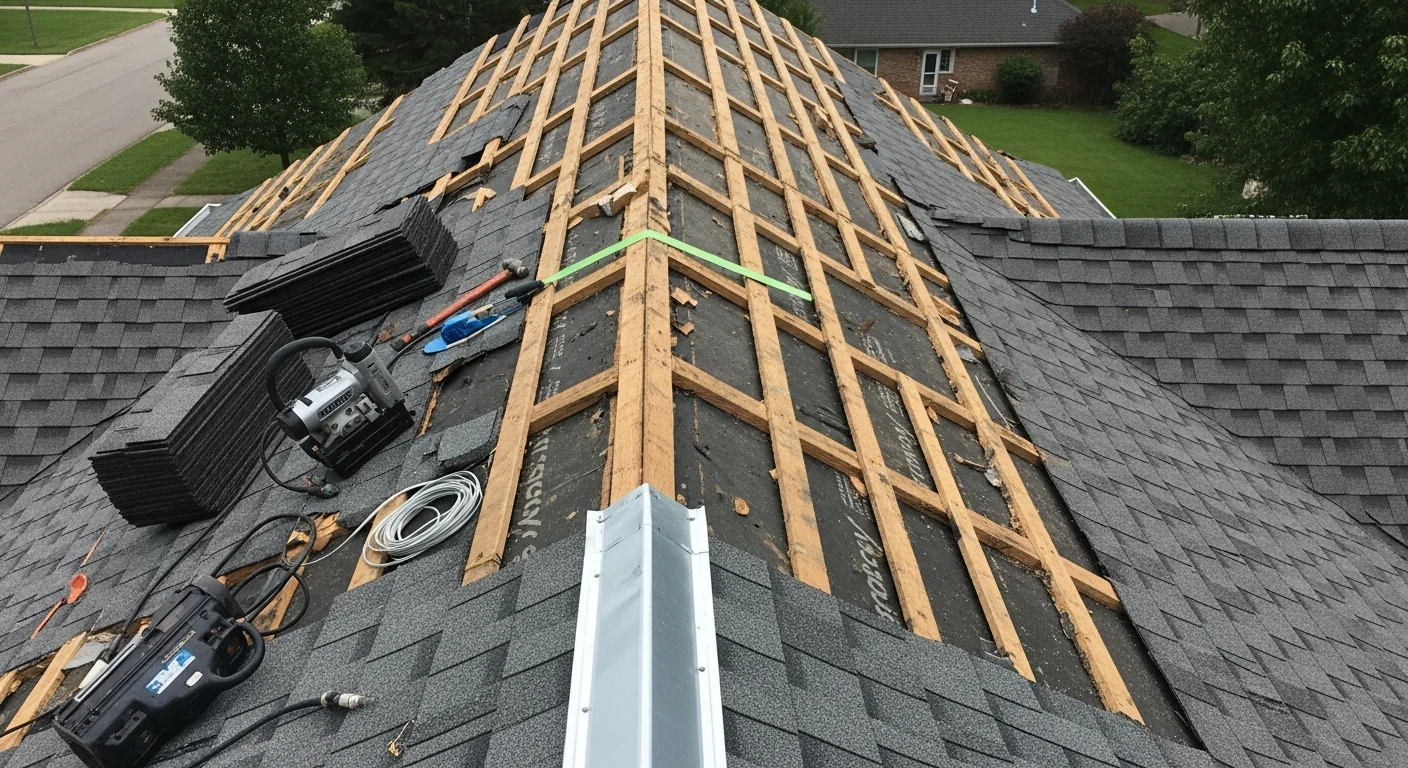 A Greenbrier County, West Virginia residential home with a freshly completed shingle roof replacement, showing clean uniform shingle lines and sealed ridge cap against a backdrop of Appalachian hills. Summit Roofing crew equipment visible on the ground beside the completed single-family home.