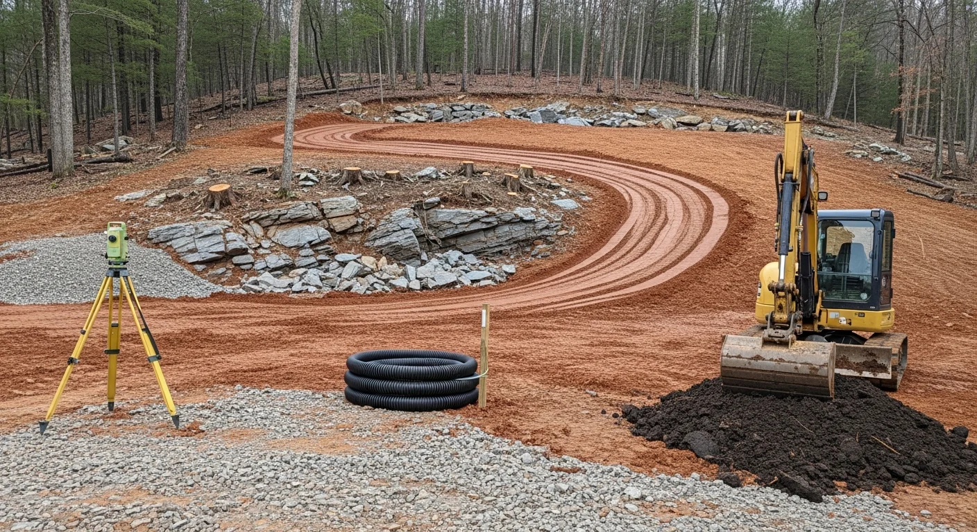 A cleared and graded residential lot in Greenbrier County, West Virginia, with leveled soil and defined drainage slopes ready for foundation work. Heavy equipment tracks are visible across the prepared ground, with wooded Appalachian hillside in the background.