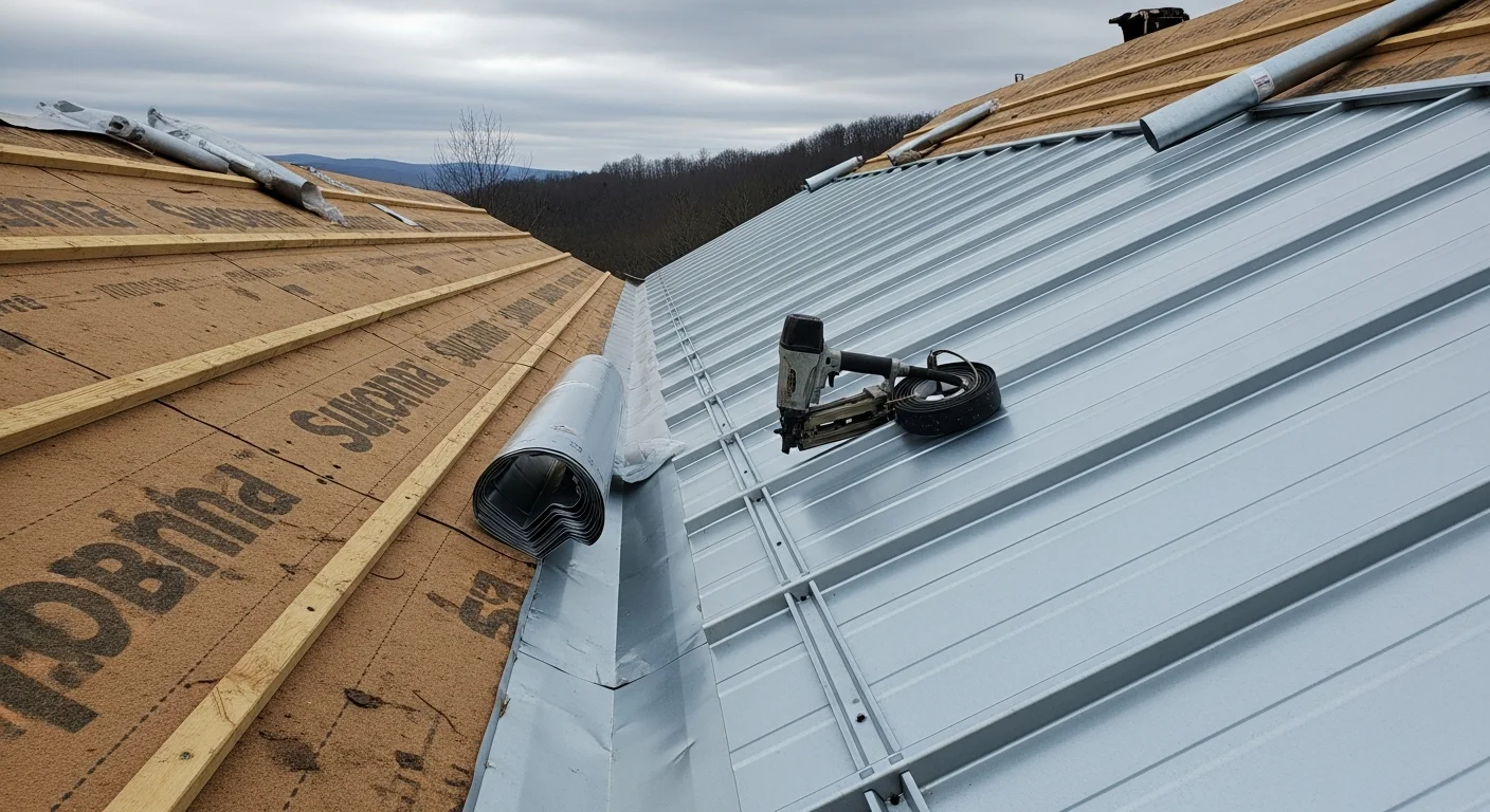 A completed standing seam metal roof installation on a residential home in Greenbrier County, West Virginia, showing vertical interlocking metal panels with clean raised seams against a wooded Appalachian hillside backdrop.